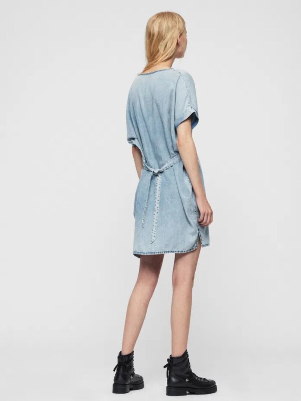 All Saints Sonny Denim Tencel Chambray Mini Short Sleeve T Shirt Waist Tie Dress